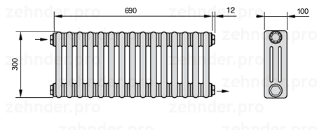 Схема (чертеж) Радиатор Zehnder Charleston 3030/15 №1670 Белый глянцевый RAL 9016